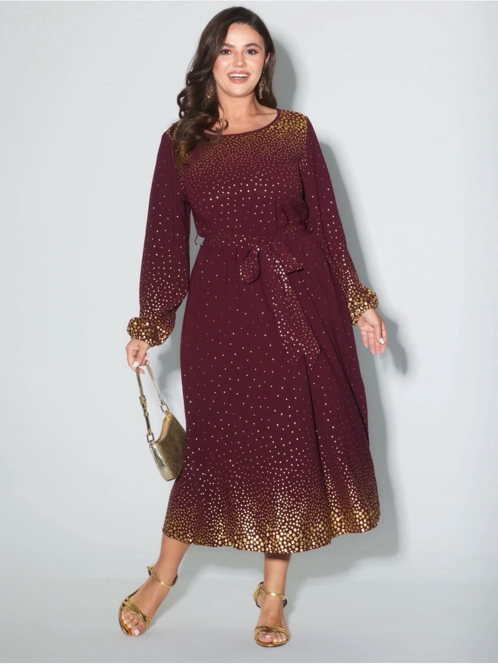 BloomChic Burgundy and Gold Dot Long Sleeve Midi Dress